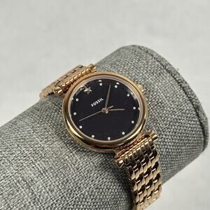 Fossil Watch Womens 28mm Rose Gold Tone Black Glitter Dial Star New Battery